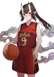 Rule 34 | 1girl, absurdres, ball, bare shoulders, basketball, basketball (object), basketball jersey, basketball uniform, breasts, brown hair, high ponytail, highres, hiiragi mikoto, holding, holding ball, horns, large breasts, long hair, looking at viewer, oni horns, open mouth, original, pointy ears, red eyes, sportswear