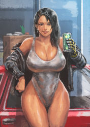 Rule 34 | 1girl, absurdres, black jacket, breasts, can, car, cirenk, curvy, dark-skinned female, dark skin, drink, feet out of frame, female focus, highleg, highleg leotard, highres, holding, holding can, huge breasts, jacket, jacket on shoulders, leaning on object, leotard, looking at viewer, mole, mole under eye, motor vehicle, original, prosthesis, prosthetic arm, smile, solo, thick thighs, thighs, white leotard, wide hips