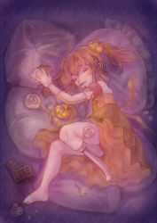 Rule 34 | 1girl, amputee, barefoot, brown hair, candy, child, chocolate, dress, closed eyes, food, hair ornament, halloween, hantoumei namako, highres, jack-o&#039;-lantern, lollipop, pillow, sleeping, stitches, twintails, wings