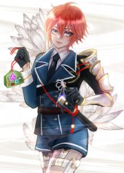 Rule 34 | 1boy, absurdres, blue eyes, closed mouth, facing viewer, floral background, gloves, highres, long sleeves, looking to the side, male focus, orange hair, shinano toushirou, short hair, shorts, solo, touken ranbu, wavy hair, white background, zasikirou