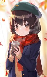 Rule 34 | 1girl, alternate costume, alternate eye color, arms up, aroa (aroamoyasi), autumn, autumn leaves, beret, black hair, blazer, blue jacket, blurry, blurry background, blush, brown eyes, commentary request, cup, day, depth of field, disposable cup, enpera, falling leaves, green hat, hair between eyes, hat, holding, holding cup, jacket, kantai collection, leaf, long sleeves, looking at viewer, maple leaf, open clothes, open jacket, outdoors, plaid, plaid scarf, red scarf, scarf, school uniform, shigure (kancolle), short hair, sidelighting, sleeves past wrists, smile, solo, standing, steam, sweater, upper body
