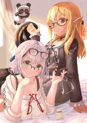Rule 34 | 2girls, absurdres, blonde hair, breast rest, breasts, closed mouth, elf, eyewear on head, glasses, hamster, highres, hololive, kintsuba (shiranui flare), large breasts, looking at viewer, multiple girls, nyoon, off shoulder, pointy ears, pop (shirogane noel), shiranui flare, shiranui flare (street), shirogane noel, shirogane noel (casual), silver hair, smile, v-shaped eyebrows, virtual youtuber
