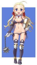 Rule 34 | 1girl, ahoge, armor, bikini, bikini armor, blonde hair, blue background, blue bikini, blue eyes, blue footwear, boots, breasts, collar, commentary request, cross-laced footwear, detached collar, earrings, elbow gloves, elbow pads, front-tie bikini top, front-tie top, full body, gloves, hair pulled back, hair ribbon, hip bones, holding, holding shield, holding weapon, jewelry, katahira masashi, knee pads, looking at viewer, lowleg, lowleg bikini, mace, medium breasts, navel, open mouth, original, outside border, red ribbon, ribbon, shield, side-tie bikini bottom, smile, solo, standing, string bikini, swimsuit, thigh boots, thighhighs, weapon, white collar, white gloves