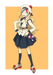Rule 34 | 10s, 1girl, belt, beret, birii, black socks, blonde hair, blue eyes, blue hair, breasts, buttons, cleavage, commandant teste (kancolle), commentary, double-breasted, dress, full body, hair ornament, hat, jacket, kantai collection, loafers, long hair, long sleeves, looking at viewer, multicolored hair, open mouth, platform footwear, pom pom (clothes), red hair, round teeth, scarf, shoes, simple background, smile, socks, solo, streaked hair, swept bangs, teeth, wavy hair, white hair