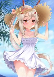 Rule 34 | 1girl, arm up, ayanami (azur lane), azur lane, bad id, bad pixiv id, bare arms, bare shoulders, blue sky, breasts, cleavage, cloud, collarbone, commentary request, day, dress, flower, hair ornament, hand on headwear, hand up, hat, hat flower, headgear, highres, himexin, light brown hair, long hair, medium breasts, outdoors, ponytail, red eyes, sky, sleeveless, sleeveless dress, solo, straw hat, very long hair, white dress, yellow flower