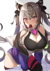 Rule 34 | 1girl, absurdly long hair, absurdres, azur lane, bare shoulders, breasts, candy, chocolate, chocolate heart, cleavage, cleavage cutout, clothing cutout, collar, double bun, elegant (sumisumi4268), food, grey hair, hair bun, heart, highres, jacket, large breasts, long hair, looking at viewer, mouth hold, multicolored hair, partially unzipped, pink collar, pink eyes, pink hair, purple jacket, san francisco (azur lane), simple background, single leg pantyhose, solo, streaked hair, twintails, two-tone hair, valentine, very long hair, white background