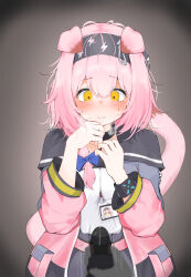 Rule 34 | 1boy, 1girl, animal ears, arknights, black bracelet, black collar, black hairband, black skirt, blue bow, blue jacket, blush, bow, breasts, breasts squeezed together, cat ears, cat girl, cat tail, collar, cowboy shot, floppy ears, goldenglow (arknights), grey background, hair ornament, hairband, hairclip, hands up, highres, id card, infection monitor (arknights), invisible man, jacket, lightning bolt print, long sleeves, looking at penis, male masturbation, masturbation, open clothes, open jacket, pcaccount13, pink jacket, print hairband, shirt, simple background, skirt, small breasts, straight-on, tail, textless version, upper body, variant set, white shirt, yellow eyes