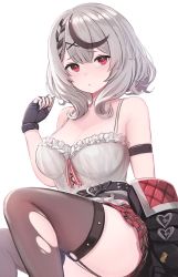 Rule 34 | 1girl, arm strap, bare shoulders, belt, black coat, black gloves, blouse, braid, breasts, brown thighhighs, camisole, coat, enumiyaa, fingerless gloves, frilled shirt, frills, frown, gloves, grey hair, hair ornament, hand up, highres, hololive, holox, looking at viewer, medium breasts, miniskirt, multicolored hair, off shoulder, parted lips, plaid, plaid skirt, pleated skirt, red eyes, red skirt, sakamata chloe, sakamata chloe (1st costume), shirt, short hair, skirt, sleeveless, sleeveless shirt, solo, spaghetti strap, streaked hair, thighhighs, thighs, torn clothes, torn thighhighs, virtual youtuber, white shirt, x hair ornament