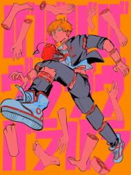 Rule 34 | 1boy, black jacket, blonde hair, blood, blue shirt, chainsaw man, denji (chainsaw man), disembodied limb, dismemberment, expressionless, gaganbo (shuuu85372871), jacket, looking at another, male focus, perspective, pochita (chainsaw man), shirt, shoes, short hair, sliced, sneakers, sound effects, walking