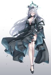 Rule 34 | 1girl, absurdres, animal ear fluff, animal ears, assault rifle, black dress, black footwear, black gloves, blue archive, blush, breasts, cleavage, closed mouth, dress, frilled dress, frills, full body, gloves, grey background, grey hair, gun, high heels, highres, holding, holding gun, holding weapon, large breasts, long hair, lunacle, rifle, shiroko (blue archive), shiroko terror (blue archive), side slit, sig sauer, sig sauer 556, simple background, skirt hold, solo, standing, thigh strap, weapon, white background, wolf ears, wolf girl