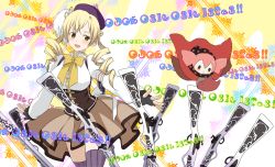 Rule 34 | 10s, beret, blonde hair, blush, boots, bow, breasts, brown legwear, charlotte (madoka magica), corset, detached sleeves, drill hair, ekra, fingerless gloves, gloves, gun, hair ornament, hairpin, hat, madoka runes, magical girl, magical musket, mahou shoujo madoka magica, mahou shoujo madoka magica (anime), musket, open mouth, pleated skirt, puffy sleeves, ribbon, rifle, runes, shirt, skirt, striped clothes, striped legwear, striped thighhighs, taut clothes, taut shirt, thighhighs, tomoe mami, twin drills, vertical-striped clothes, vertical-striped legwear, vertical-striped thighhighs, weapon, yellow eyes, zettai ryouiki