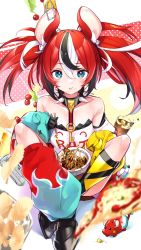 Rule 34 | 1girl, animal ears, asymmetrical legwear, black footwear, blue eyes, chips (food), collar, crossed legs, cup ramen, dice hair ornament, eating, food, food request, hair between eyes, hair ornament, hakos baelz, highres, hololive, hololive english, iced tea, looking at viewer, mismatched legwear, mouse ears, mousetrap, mr. squeaks (hakos baelz), multicolored hair, noodles, pizza, pizza slice, potato chips, ramen, shirt, sitting, smile, spiked collar, spikes, strapless, strapless shirt, virtual youtuber, yuyaiyaui