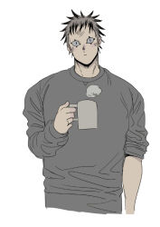 Rule 34 | 1boy, blonde hair, blush, colored tips, cropped torso, cup, dorohedoro, facial mark, head tilt, holding, holding cup, male focus, mug, multicolored hair, no eyebrows, risu (dorohedoro), shirt, solo, steam, t-shirt, to (pixiv 34180059), wide-eyed