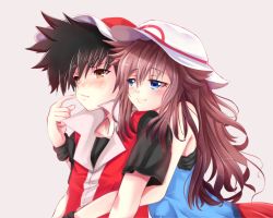 Rule 34 | 00s, 1boy, 1girl, ashujou, black hair, black shirt, blue eyes, blue shirt, blush, brown eyes, brown hair, couple, creatures (company), game freak, green (pokemon), headwear request, hetero, highres, hug, hug from behind, jacket, looking at another, md5 mismatch, nintendo, pokemon, pokemon adventures, pokemon frlg, red (pokemon), red jacket, red shirt, red skirt, resolution mismatch, shirt, short hair, short sleeves, skirt, smile, source smaller, teasing, upper body, waifu2x, wristband