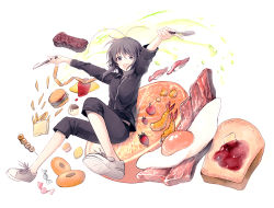 Rule 34 | 1girl, :d, antenna hair, bacon, bad id, bad pixiv id, black hair, black shirt, black shorts, bread, bread slice, burger, candy wrapper, collared shirt, commentary request, doughnut, egg (food), food, fork, french kiss, fried egg, fruit, holding, holding fork, holding knife, kiss, knife, long hair, long sleeves, looking at viewer, miyanoyori, muffin, open mouth, original, purple eyes, shirt, shorts, smile, solo, strawberry, tempura