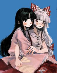 Rule 34 | 2girls, black eyes, black hair, blue background, blush, bow, clenched hand, cowboy shot, fujiwara no mokou, hair bow, highres, hime cut, houraisan kaguya, hug, hug from behind, long hair, long sleeves, looking at another, multiple girls, ofuda, ofuda on clothes, pants, parted lips, pink shirt, red bow, red eyes, red pants, red skirt, shirt, simple background, skirt, subaru (user tmwv7722), suspenders, sweat, touhou, two-tone bow, very long hair, white bow, white hair, white shirt, wide sleeves