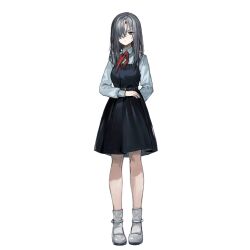 Rule 34 | 1girl, aged down, angelia (girls&#039; frontline), arm behind back, artist request, black dress, closed mouth, collared shirt, dress, expressionless, full body, girls&#039; frontline, grey eyes, grey hair, hair over one eye, highres, long hair, long sleeves, neckerchief, official art, red neckerchief, school uniform, shirt, simple background, socks, solo, standing, third-party source, transparent background, white footwear, white shirt, white socks
