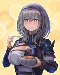 Rule 34 | 1girl, armor, blue eyes, blue sleeves, blush, bowl, braid, breastplate, breasts, chopsticks, circlet, cleavage, cleavage cutout, clothing cutout, collar, eating, enumiyaa, food, food on face, highres, holding, holding bowl, holding chopsticks, hololive, large breasts, long sleeves, medium hair, mole, mole on breast, rice, rice on face, shirogane noel, shirogane noel (1st costume), shoulder armor, shoulder spikes, solo, sparkle, spiked armor, spikes, symbol-shaped pupils, upper body, virtual youtuber, white hair