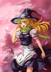Rule 34 | 1girl, absurdres, apron, braid, buttons, hat, highres, kirisame marisa, long hair, open mouth, petals, pg (pgouwoderen), puffy short sleeves, puffy sleeves, scarf, short sleeves, side braid, single braid, skirt, smile, solo, touhou, waist apron, witch hat