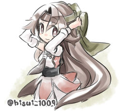 Rule 34 | 10s, 1girl, bow, brown hair, detached sleeves, hair bow, hands on own head, hisui (kimochi), jintsuu (kancolle), jintsuu kai ni (kancolle), kantai collection, long hair, looking at viewer, necktie, smile, solo, twitter username, very long hair, white background