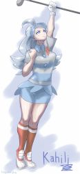 Rule 34 | &gt;:(, 1girl, ahoge, alternate eye color, blue eyes, blue hair, blue hat, blue skirt, blush, breasts, buttons, character name, clenched hand, closed mouth, collared shirt, creatures (company), elite four, frown, full body, game freak, gloves, golf club, hat, highres, holding, kahili (pokemon), kneehighs, lips, long hair, looking up, matching hair/eyes, medium breasts, miniskirt, mole, mole under eye, nintendo, orange socks, pencil skirt, pokemon, pokemon sm, shirt, shoes, short sleeves, simple background, single glove, skirt, socks, solo, standing, striped clothes, striped shirt, text focus, thigh gap, tiptoes, uya (yurukah), v-shaped eyebrows, white background, white footwear, white gloves, z-move, z-ring