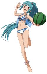 Rule 34 | 1girl, anklet, aqua hair, ball, barefoot, bikini, bracelet, feet, food print, front-tie bikini top, front-tie top, full body, hair ornament, hairclip, high ponytail, holding, holding ball, jewelry, long hair, navel, non-web source, official art, open mouth, red eyes, see-through, simple background, solo, striped bikini, striped clothes, swimsuit, sword art online, toes, very long hair, watermelon print, white background