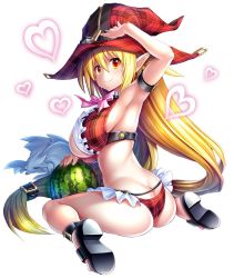 Rule 34 | 00s, 1girl, asahi, ass, bare legs, bikini, blonde hair, breasts, creature, female focus, food, fruit, hat, highres, huge ass, huge breasts, lilith-soft, long hair, looking at viewer, looking back, magical girl lilith, pointy ears, shiny skin, sitting, smile, solo, swimsuit, taimanin (series), taimanin asagi, taimanin asagi kessen arena, watermelon, witch hat, yellow eyes