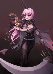 Rule 34 | 1girl, black cape, black dress, black headwear, black thighhighs, blunt bangs, bracer, breasts, cape, cat, cleavage, detached sleeves, dress, highres, holding, holding scythe, hololive, hololive english, large breasts, long dress, long hair, mori calliope, pink eyes, pink hair, scythe, shoulder spikes, side slit, sidelocks, single detached sleeve, single thighhigh, sleeveless, sleeveless dress, spikes, straight hair, thighhighs, tiara, torn cape, torn clothes, virtual youtuber, zedd (zedgawr)