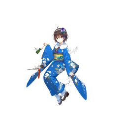 Rule 34 | 1girl, ahoge, aircraft, alternate costume, anchor, blue kimono, blue ribbon, branch, brown hair, closed mouth, floral print, flower, full body, hair between eyes, hair flower, hair ornament, hairband, hiyou (warship girls r), holding, japanese clothes, kimono, long sleeves, looking at viewer, obi, official art, orange eyes, pouch, ribbon, sandals, sash, shi-chen, short hair, smile, solo, tabi, talismans, transparent background, warship girls r, white legwear, wide sleeves