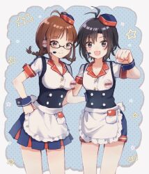 Rule 34 | 2girls, absurdres, akizuki ritsuko, antenna hair, apron, black hair, blue background, blue shorts, blue wrist cuffs, blush, braid, breasts, brown eyes, brown hair, burger skater (idolmaster), buttons, clenched hand, closed mouth, collarbone, employee uniform, fast food uniform, frilled apron, frills, glass, glasses, hand on another&#039;s waist, hand on own hip, hat, headset, highres, idolmaster, idolmaster (classic), idolmaster 2, kikuchi makoto, long hair, looking at viewer, maid apron, medium breasts, multiple girls, open mouth, parted bangs, pleated skirt, polka dot, polka dot background, purple eyes, shirako (srk srtk), short hair, short sleeves, shorts, sidelocks, skirt, small breasts, smile, twin braids, uniform, waist apron, waitress, white apron, wrist cuffs