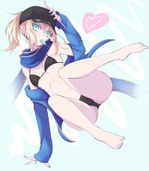 Rule 34 | 1girl, artoria pendragon (fate), barefoot, bikini, black bikini, black hat, blonde hair, blue eyes, blue nails, blue scarf, breasts, cameltoe, cleavage, fate/grand order, fate (series), floating hair, food, full body, hair between eyes, hand on headwear, hat, head tilt, heart, highres, ice cream, long hair, looking at viewer, mouth hold, mysterious heroine x (fate), nail polish, navel, ponytail, scarf, scarlet zel, small breasts, solo, swimsuit, toenail polish, toenails, underboob
