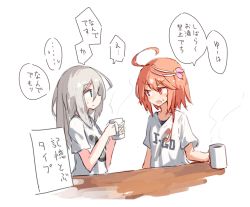 Rule 34 | ahoge, beize (garbage), coffee mug, cup, hair ornament, i-58 (kancolle), kantai collection, light brown hair, mug, multiple girls, red eyes, ro-500 (kancolle), school swimsuit, shirt, short hair, swimsuit, swimsuit under clothes, t-shirt, translated