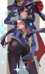 Rule 34 | 1girl, absurdres, artist request, ass, black hair, black pantyhose, blue eyes, breasts, cape, detached collar, detached sleeves, feipin zhanshi, from behind, genshin impact, gloves, hat, highres, long hair, looking at viewer, looking back, medium breasts, mona (genshin impact), pantyhose, purple hat, shiny clothes, shiny skin, sideboob, solo, standing, twintails, very long hair