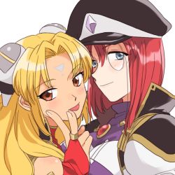 Rule 34 | 2girls, :p, blonde hair, blush, breasts, bridal gauntlets, forte stollen, galaxy angel, hakinikui kutsu no mise, hat, long hair, looking at viewer, monocle, multiple girls, ranpha franboise, red hair, short hair, tongue, tongue out, v