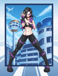 Rule 34 | 1girl, abs, artist name, bare shoulders, black footwear, black hair, blue eyes, blue sky, boots, breasts, city, cityscape, cloud, commission, dragon ball, dragon ball xenoverse, dragonball z, female focus, fingerless gloves, full body, gloves, grin, highres, karosu maker, looking at viewer, medium hair, muscular, muscular female, navel, original, purple-tinted eyewear, saiyan, scouter, sky, smile, solo, standing, tagme, thighhighs, thighs, tinted eyewear