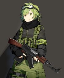 Rule 34 | 1boy, ak-47, armband, assault rifle, black gloves, black scarf, closed mouth, commentary, fingerless gloves, gloves, goggles, goggles on head, green eyes, green hair, green pants, grey background, gun, hair ribbon, hayate godspeed, highres, holding, holding gun, holding weapon, iriam, kalashnikov rifle, kitada mo, leg strap, looking at viewer, male focus, pants, pouch, ribbon, rifle, scarf, simple background, smile, solo, standing, symbol-only commentary, thigh strap, vest, virtual youtuber, weapon