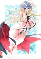 Rule 34 | 1girl, absurdres, ahoge, arim0k0, black cape, black one-piece swimsuit, blonde hair, breasts, cape, cleavage, commentary, corrupted twitter file, cross-laced clothes, curvy, feet out of frame, gradient hair, highres, hijiri byakuren, huge ahoge, huge breasts, leg ribbon, long hair, looking at viewer, multicolored hair, navel, one-piece swimsuit, open mouth, purple eyes, purple hair, ribbon, solo, swimsuit, teeth, thighs, touhou, upper teeth only, white ribbon