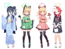 Rule 34 | 4girls, animal ear headphones, animal ears, aris (blue archive), banned artist, black hair, blonde hair, blue archive, blue eyes, bow, braid, bright pupils, cat tail, closed mouth, fake animal ears, forehead, full body, ginka (gink a), green eyes, hair between eyes, hair bow, hair bun, halo, headphones, highres, japanese clothes, kendama, long hair, long sleeves, looking at viewer, midori (blue archive), momoi (blue archive), multiple girls, open mouth, parted bangs, parted lips, pink eyes, red hair, ringed eyes, short hair, siblings, simple background, single hair bun, single side bun, sisters, tail, thighhighs, twins, white background, white pupils, wide sleeves, yuzu (blue archive)