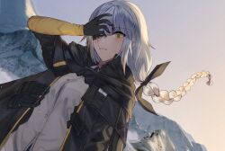 Rule 34 | 1girl, black gloves, black jacket, eyepatch, girls&#039; frontline, gloves, jacket, long hair, long sleeves, looking at viewer, m16a1 (boss) (girls&#039; frontline), m16a1 (girls&#039; frontline), open mouth, scar, shirt, upper body, white hair, xanax025, yellow eyes, yellow shirt