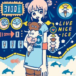 Rule 34 | 1girl, bright pupils, cowboy shot, dolphin, double bun, food, garouma, hair bun, heart, highres, ice cream, ice cream cone, looking at viewer, neapolitan ice cream, octopus, original, parted lips, pink hair, red eyes, solo, tongue, tongue out, triple scoop, white pupils