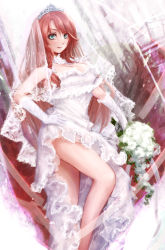 Rule 34 | 1girl, aqua eyes, bare arms, bare legs, bouquet, braid, breasts, bridal veil, cleavage cutout, clothing cutout, dress, elbow gloves, female focus, flower, gloves, hand on own hip, highres, hong meiling, hoshibuchi, large breasts, long hair, red hair, revision, side slit, sleeveless, sleeveless dress, solo, tiara, touhou, twin braids, veil, very long hair, wedding dress, white gloves