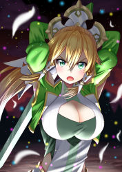 Rule 34 | 1girl, absurdres, arms up, blonde hair, blurry, blurry foreground, braid, breasts, cleavage, cleavage cutout, clothing cutout, commentary, daichi (hayate1328), depth of field, feathers, frown, green eyes, green jacket, hair tubes, highres, holding, holding behind back, holding sword, holding weapon, jacket, large breasts, leafa, leafa (terraria), light particles, long hair, long sleeves, looking at viewer, holding behind back, open mouth, pointy ears, ponytail, shirt, side cutout, solo, standing, sword, sword art online, sword art online: alicization, sword art online: alicization - war of underworld, twin braids, upper body, v-shaped eyebrows, very long hair, weapon, white shirt