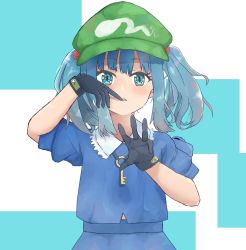Rule 34 | 1girl, black gloves, blue eyes, blue hair, gloves, green hat, hair bobbles, hair ornament, hat, highres, kawashiro nitori, key, looking at viewer, parted lips, short hair, short twintails, solo, teeth, touhou, twintails, upper body, xp543387