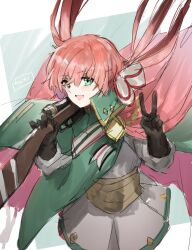 Rule 34 | 1girl, bolt action, brown gloves, carcano, carcano m1891 (girls&#039; frontline), cowboy shot, dress, girls&#039; frontline, gloves, green eyes, gun, highres, holding, holding gun, holding weapon, horn/wood, long hair, long sleeves, open mouth, over shoulder, pink hair, rifle, smile, solo, twintails, v, weapon, weapon over shoulder, white dress