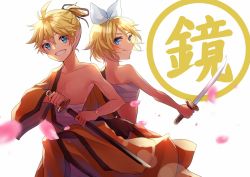 Rule 34 | 1boy, 1girl, aryuma772, back-to-back, bare shoulders, blonde hair, blue eyes, bow, character name, cherry blossoms, commentary, countdown, gekokujou (vocaloid), grin, hair bow, hair ribbon, highres, holding, holding sword, holding weapon, japanese clothes, kagamine len, kagamine rin, katana, kimono, looking at viewer, looking back, open clothes, open kimono, orange kimono, petals, ribbon, sarashi, sheath, short hair, smile, spiked hair, sword, translated, unsheathing, upper body, vocaloid, weapon, white background, white bow