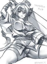 Rule 34 | 1girl, ahoge, animal ears, arm above head, arm up, armpits, bandages, bare shoulders, bike shorts, braid, breasts, chain, character name, collar, commentary request, copyright name, covered erect nipples, cowboy shot, from below, gluteal fold, greyscale, groin, hair between eyes, hair intakes, holding, holding sword, holding weapon, karulau, large breasts, lion ears, lion tail, long hair, long sleeves, looking at viewer, looking down, low-tied long hair, metal collar, monochrome, obi, off shoulder, over shoulder, parted bangs, sash, sidelocks, single braid, sketch, solo, spread legs, sword, tail, takatsuki ichi, text focus, thighs, twitter username, utawarerumono, vambraces, weapon, weapon over shoulder, wide sleeves