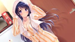 Rule 34 | 1girl, :&gt;, blush, breasts, cleavage, closed mouth, door, dutch angle, female focus, game cg, highres, indoors, large breasts, long hair, looking at viewer, matching hair/eyes, matoi ayame, microwave, original, pajamas, purple eyes, purple hair, smile, solo, standing, striped clothes, striped pajamas, towel, towel on head, uchi no kanojo, yamakaze ran