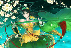 Rule 34 | 1girl, antaria, bangle, bare shoulders, black hair, blush, bracelet, chinese clothes, flower, frown, green eyes, hair ornament, hand fan, jewelry, journey to the west, long hair, solo, tie shan gongzhu, tree