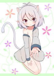 Rule 34 | 1girl, absurdres, animal ear fluff, animal ears, antenna hair, areola slip, bare shoulders, blush, breasts, cat ears, cat tail, closed mouth, collarbone, colored shadow, commentary request, fake animal ears, floral background, full body, grey hairband, grey shirt, hair between eyes, hairband, highres, jiu (sdesd3205), kokkoro (princess connect!), long sleeves, looking at viewer, naked shirt, off shoulder, open clothes, open shirt, outstretched arm, pointy ears, princess connect!, red eyes, shadow, shirt, silver hair, sleeves past wrists, small breasts, smile, solo, tail