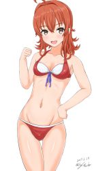 Rule 34 | 10s, 1girl, 2017, ahoge, arashi (kancolle), bikini, breasts, clenched hand, cowboy shot, dated, front-tie top, groin, hand on own hip, kantai collection, linfa (futari midara), medium hair, red bikini, red hair, short hair, signature, simple background, small breasts, solo, standing, swimsuit, white background, yellow eyes